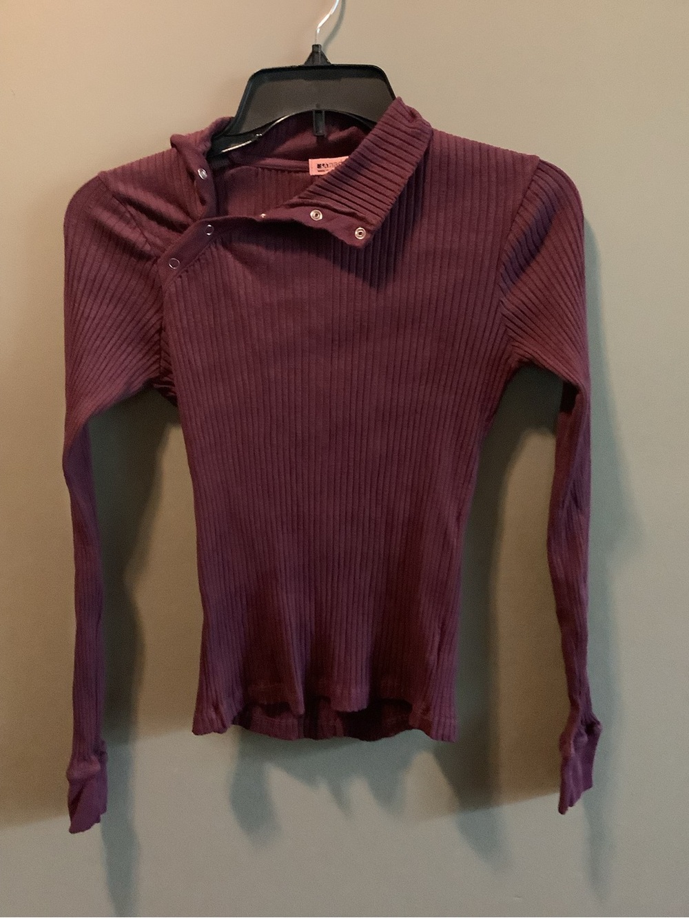 LA Made Andre Ribbed Snap Neck Long Sleeve Top in Merlot Wine
